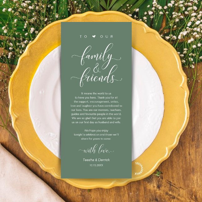 Sagegrön bröllopsplatssättning Tacksamhetskort Program (Sage Green Wedding Place Setting Thank You Card, Dinner Lunch Brunch Party Celebration)
