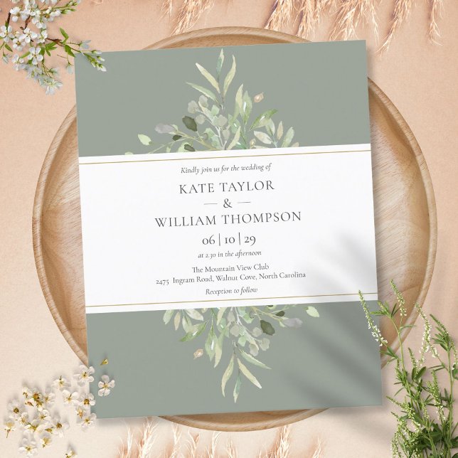 Sagegrön budgetgrön bröllopsinbjudan (Sage Green Budget Greenery Wedding Invitation)