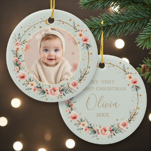 Sagegrön Celestial Baby Första Julen Foto Julgransprydnad Keramik