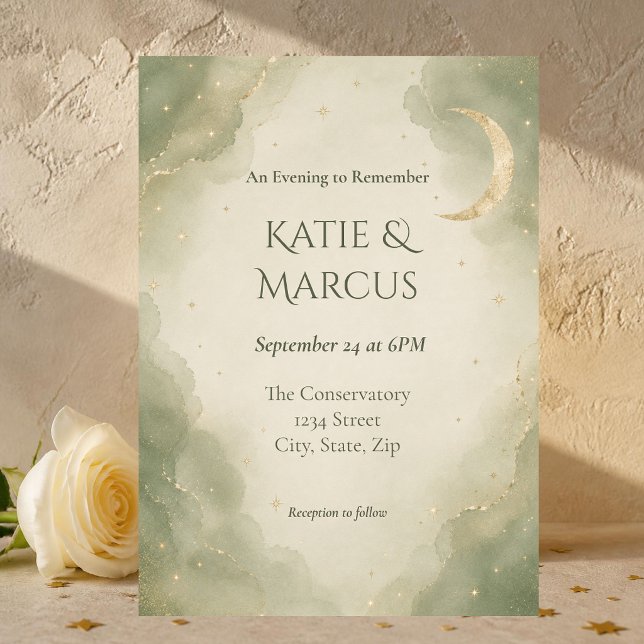 Sagegrön Champagne Celestial Bröllopsinbjudan Inbjudningar (Sage green and champagne celestial wedding invitation with watercolor moon and delicate golden stars)