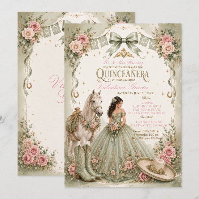 Sagegrön Charra Quinceañera Inbjudan (Fram/baksida)