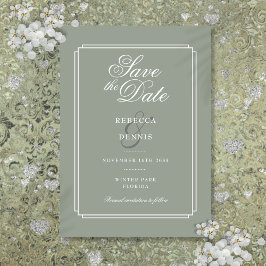 Sagegrön chic elegant script Art Deco bröllop Spara Datumet