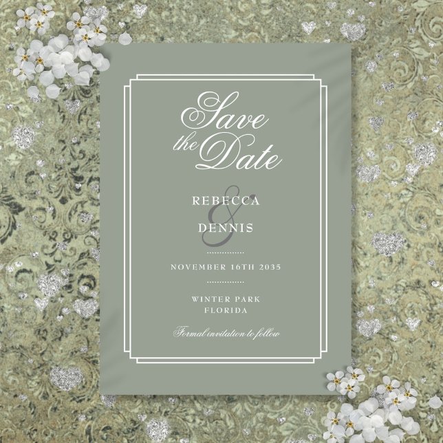 Sagegrön chic elegant script Art Deco bröllop Spara Datumet (Sage Green Chic Elegant Script Art Deco Wedding Save The Date)