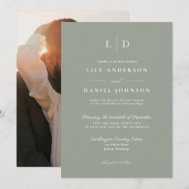 Sagegrön Chic Minimalistisk Monogram Foto Bröllop Inbjudningar