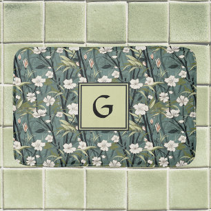 Sagegrön Chinoiserie Blommig Vit Initial Badrumsmatta