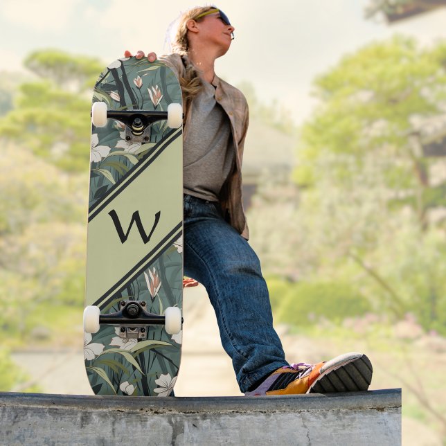 Sagegrön Chinoiserie Blommig Vit Initial  Mini Skateboard Bräda 18,5 Cm (Skapare uppladdad)
