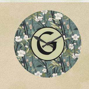 Sagegrön Chinoiserie Blommig Vit Initial  Stor Klocka