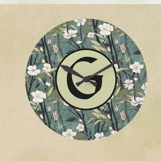Sagegrön Chinoiserie Blommig Vit Initial  Stor Klocka (Skapare uppladdad)