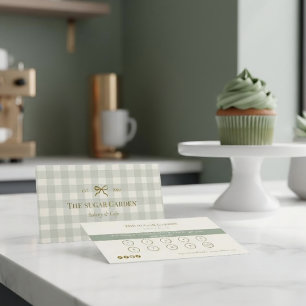 Sagegrön creme gingham båge bageri lojalitet punch visitkort