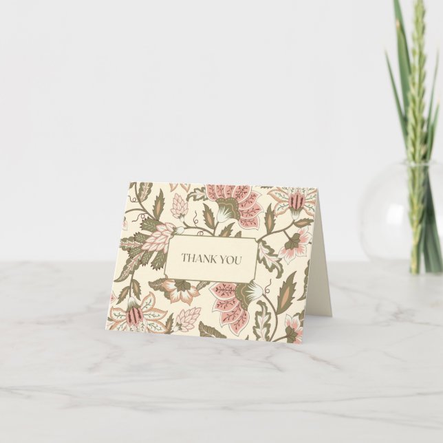 Sagegrön dammig rosa vintage blommig  tack kort (Framsida)