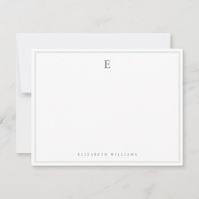 Sagegrön dubbelkant enkel elegant monogram anteckningskort (Framsida)