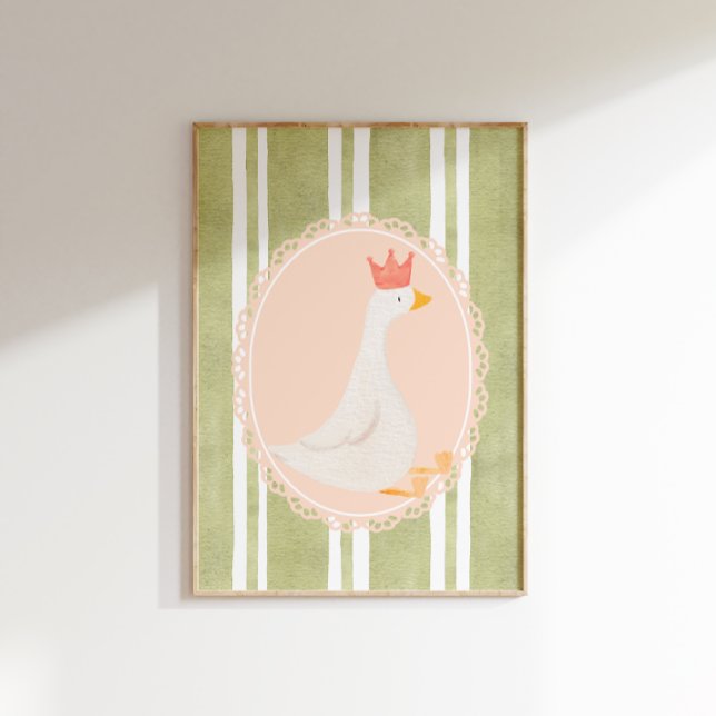 Sagegrön dumma gås-snurstryck poster (A a goose wearing a crown against green-and-white stripes in a gold frame.)