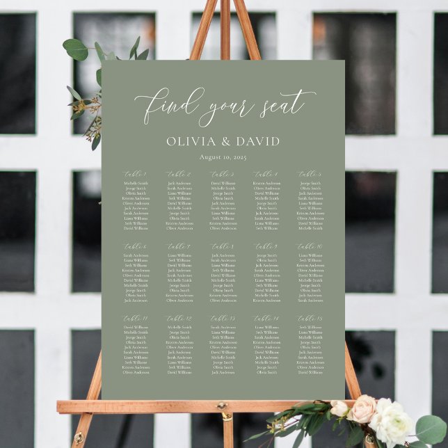 Sagegrön Elegant 15 sittplatsschema Poster (Sage Green Elegant 15 table Wedding Seating Chart)