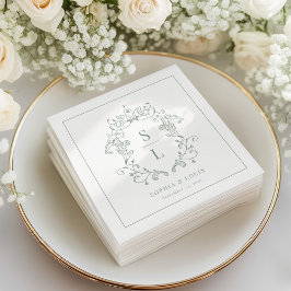Sagegrön Elegant Barock Vapen Monogram Bröllop Pappersservett