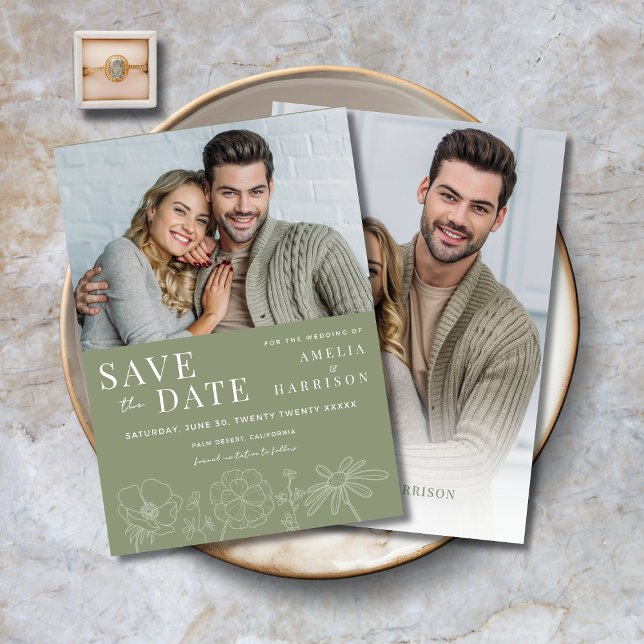 Sagegrön Elegant Blommig Två Foto Bröllop Spara Datumet (Sage Green Elegant Floral Two Photo Wedding Save the Date with Line Art Flowers.)