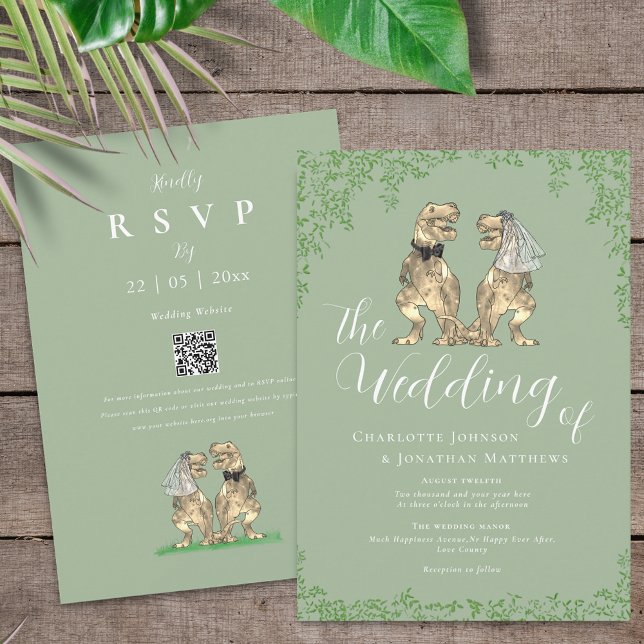 Sagegrön Elegant Dinosaur Bröllllops QR-kod Inbjudningar (Sage green T-Rex bride and groom dinosaur wedding invitation with rsvp qr code)
