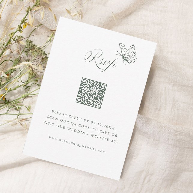 Sagegrön Elegant Kalligrafi Bröllops QR-kod OSA Kort (Skapare uppladdad)