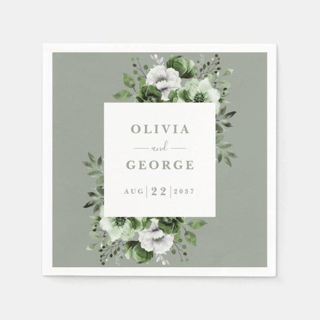 Sagegrön elegant lantlig blomsterbryllup servett (Framsidan)