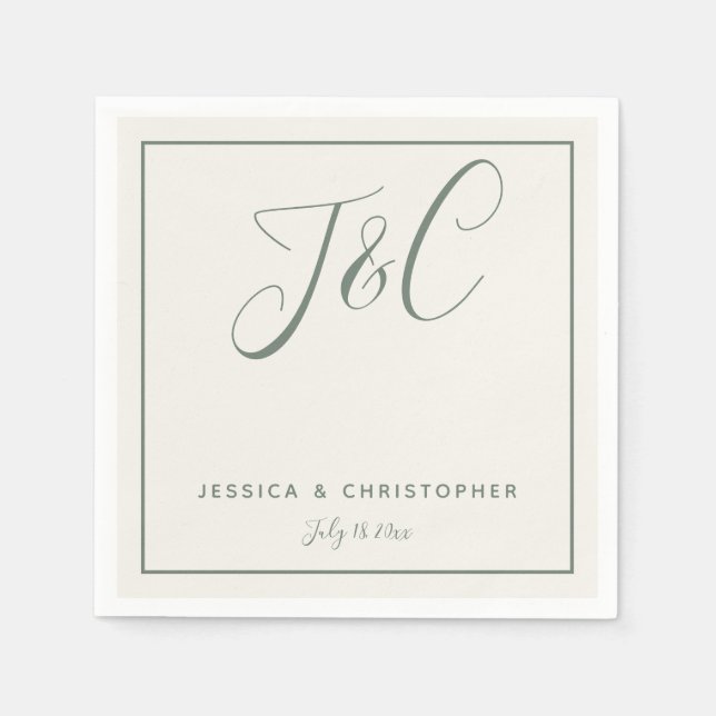 Sagegrön Elegant Minimalistisk Monogram Initialer Pappersservett (Framsidan)