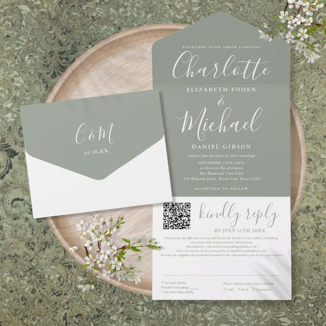 Sagegrön Elegant Modernt Skript QR-kod Bröllop (Sage Green Elegant Modern Script QR Code Wedding All In One Invitation)