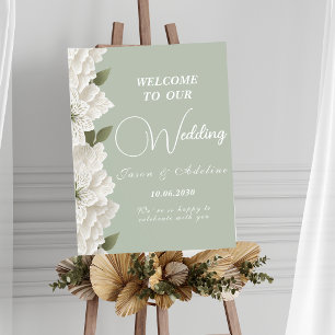Sagegrön Elegant Präglad Blommig Bröllopsskylt Poster