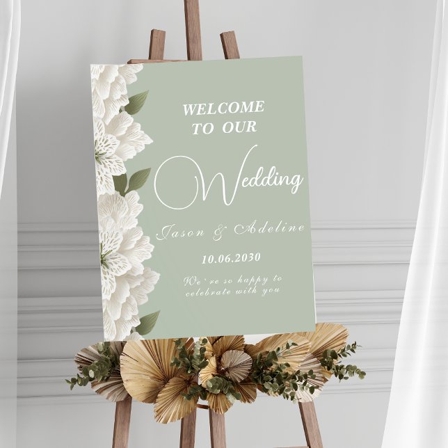 Sagegrön Elegant Präglad Blommig Bröllopsskylt Poster (Skapare uppladdad)