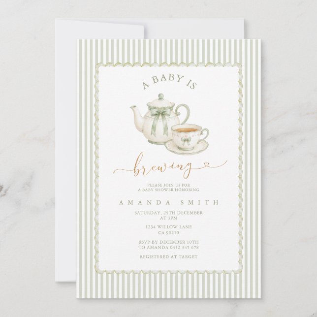 Sagegrön Elegant Randig Tekalk Barnkalas Inbjudningar (Framsida)