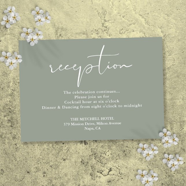 Sagegrön elegant script bröllopsmottagning tilläggskort (Sage Green Elegant Script Wedding Reception Enclosure Card)