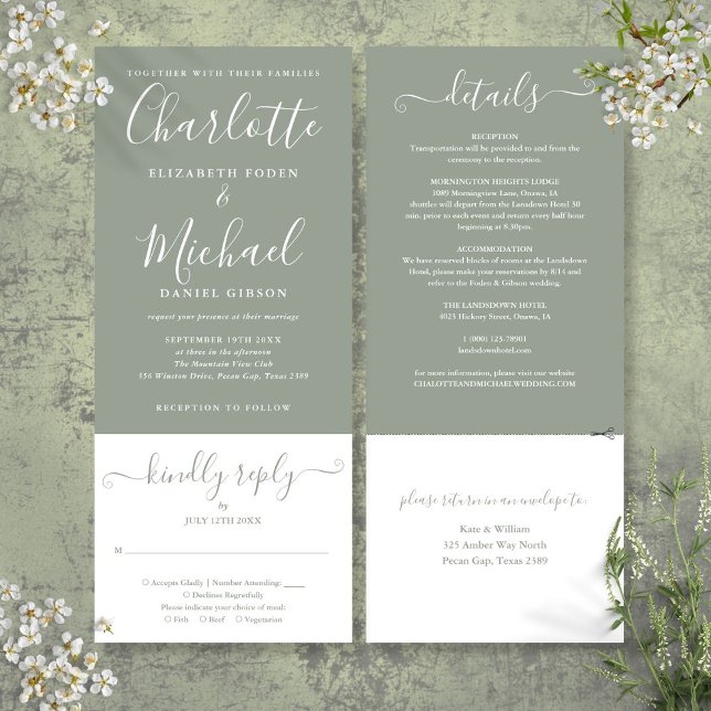 Sagegrön Elegant Skrift Allt-i-allt Bröllop Inbjudningar (Sage Green Elegant Script All In One Wedding Invitation)