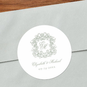 Sagegrön Elegant Vintage Monogram Krönings- Bröllo Runt Klistermärke