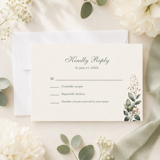 Sagegrön & Elfenbensfärgad Bröllops-RSVP-Kort Tack Kort (Sage Green & Ivory Wildflowers Wedding RSVP Card on a table with wedding decor and flowers)