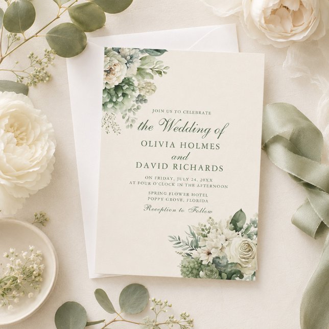 Sagegrön & Elfenbensvit Blommig Bröllopsinbjudan Inbjudningar (Boho Sage Green & Ivory Floral Wedding Invitation on a table with ivory flowers and ribbons)