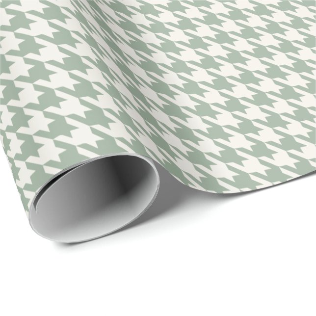 Sagegrön & Elfenbensvit Houndstooth-mönster | Eleg Presentpapper (Rullad Hörn)