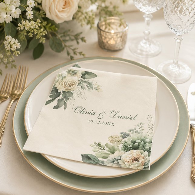 Sagegrön & Elfenbensvit Vildblomma Bröllopsservett Pappersservett (Boho Sage Green and Ivory Flowers Wedding Napkins on an elegant wedding dinner table with flowrs)