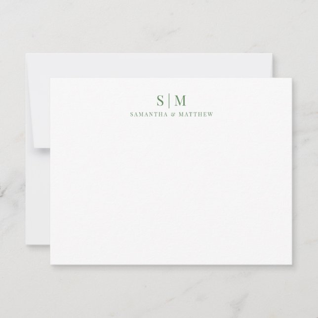 Sagegrön Enkel Elegant Par Monogram Anteckningskort (Framsida)