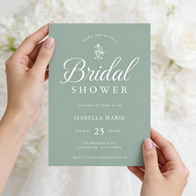 Sagegrön Enkel Minimal Bröllopsfestinbjudan Inbjudningar (Front of invite shown in 5 x 7 inches, choose size, paper, and corner style. Add a QR Code on back.
)