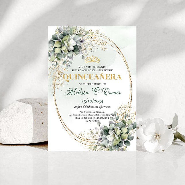 Sagegrön Eucalyptus Quinceañera Boho Inbjudan (Sage Green Eucalyptus Quinceañera Boho Invite)