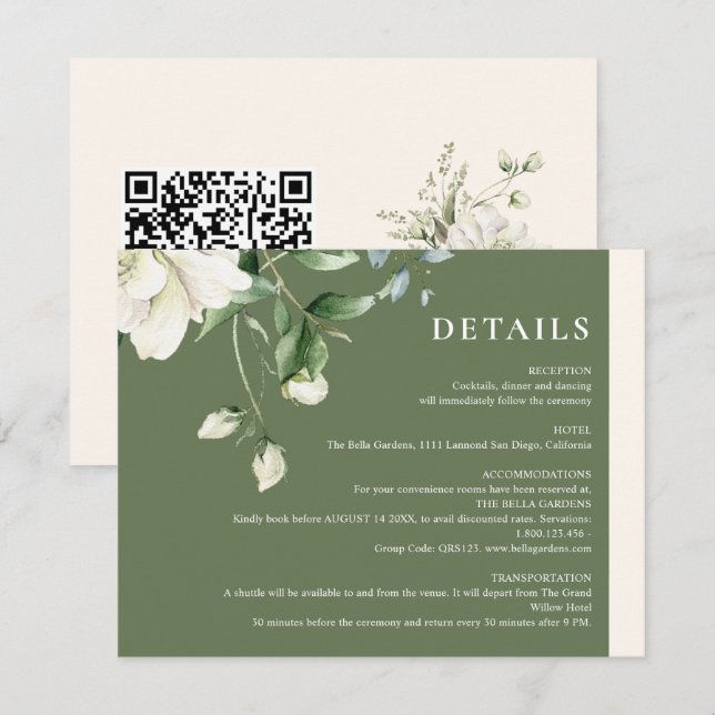 Sagegrön Eucalyptus & Rose Elfenbensvit QR-kod Brö Tilläggskort (Fram/baksida)