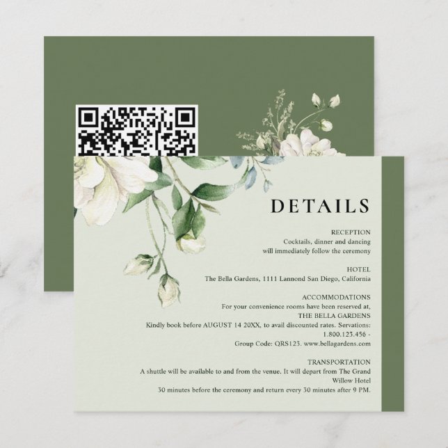 Sagegrön Eucalyptus & Rose Elfenbensvit QR-kod Brö Tilläggskort (Fram/baksida)