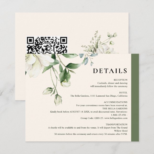 Sagegrön Eucalyptus & Rose Elfenbensvit QR-kod Brö Tilläggskort (Fram/baksida)
