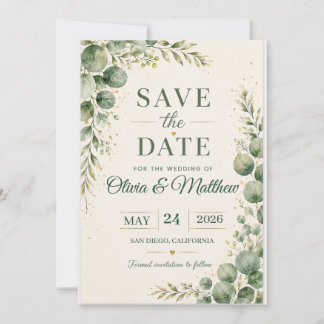 Sagegrön Eukalyptus Save the Date-kort Spara Datumet
