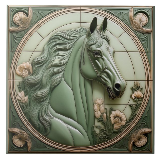 Sagegrön falsk relief Art Nouveau Hästhuvud Kakelplatta (Framsidan)
