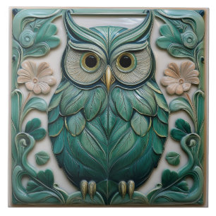 Sagegrön falsk relief Art Nouveau uggla Kakelplatta