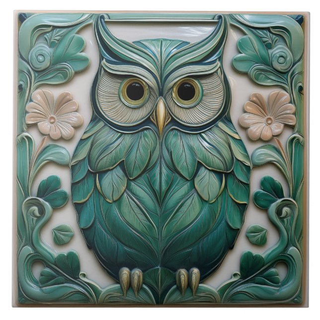 Sagegrön falsk relief Art Nouveau uggla Kakelplatta (Framsidan)