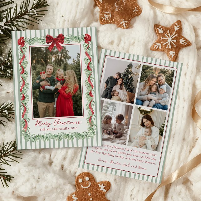 Sagegrön familjefoto julfirande kort (Skapare uppladdad)