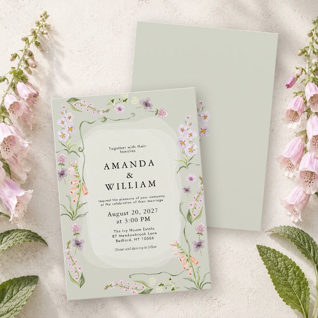 Sagegrön fint konstnärlig botanisk bröllopsinbjuda inbjudningar (Skapare uppladdad)