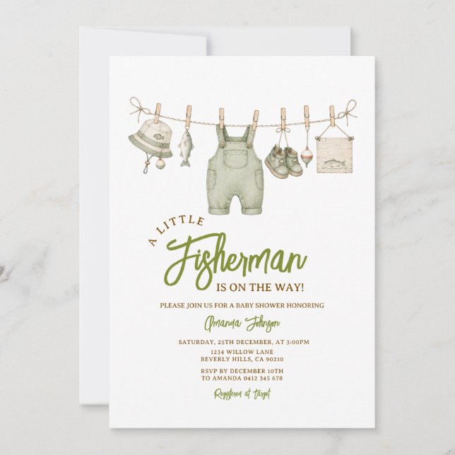 Sagegrön fisketema baby shower inbjudningar (Framsida)