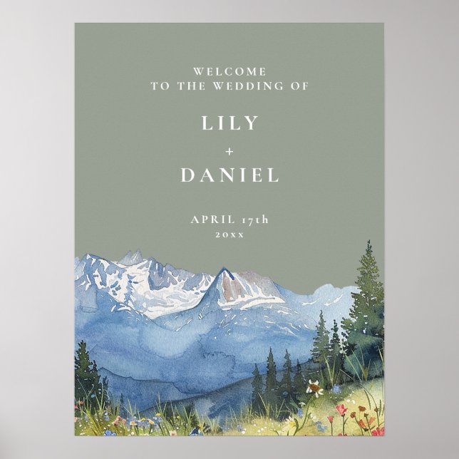 Sagegrön fjällfloravälkomstskylt för bröllop poster (Framsidan)