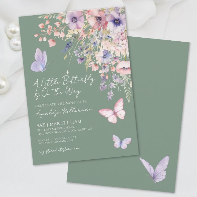 Sagegrön Fjäril Vildblomma Bebisbyte Inbjudningar (Sage Green Butterfly Wildflower Baby Shower Invitation)