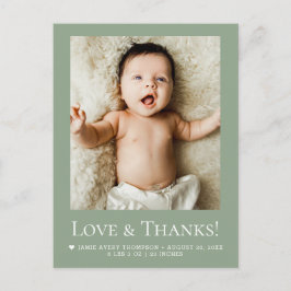 Sagegrön Foto Baby Kärlek & tack Modern Vykort